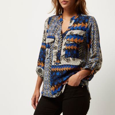 Blue floral print utility blouse